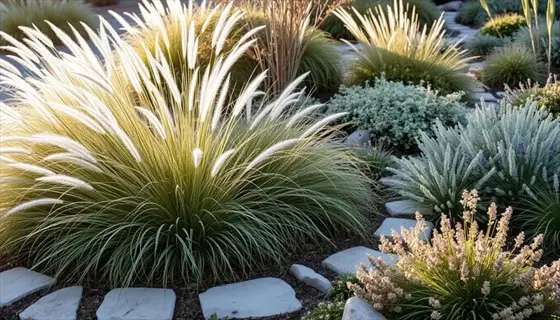 ornamental garden featuring silver queen lamb's ear, pennisetum grass, and mixed foliage along a stone pathway in sunlight