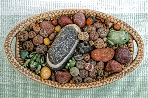 oval woven bowl containing lithops (living stones), decorative rocks, and ceramic frog figurines on a green-white striped cloth