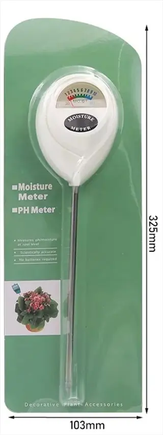 packaged digital soil ph tester (dual moisture/ph meter) with measurements 103mm (width) and 325mm (height), featuring dial display and plant graphic on green background