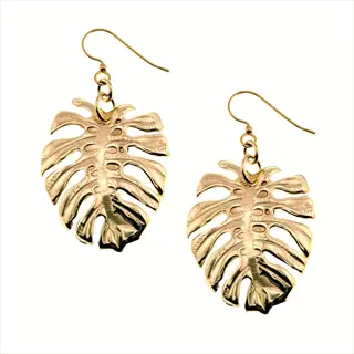 pair of golden monstera leaf drop earrings with fishhook backs