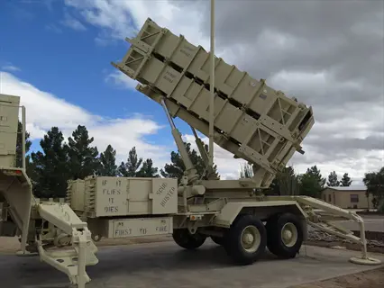 patriot surface-to-air missile launcher system on a trailer with identification text