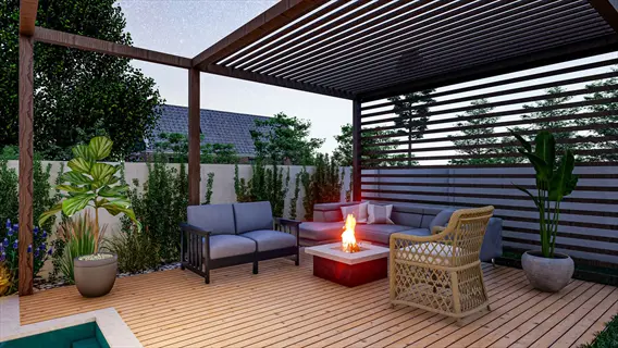 pergola terrace garden retreat with outdoor seating, fire pit, and plants