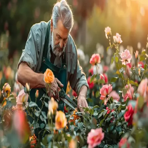 person pruning rose bushes in a garden with colorful flowers