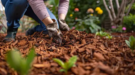 person wearing gloves preparing garden bed by spreading mulch around young plants in a lush garden