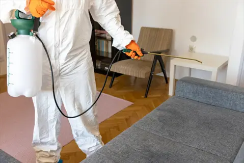 pest barrier spray application by technician in white protective suit treating residential furniture with handheld sprayer