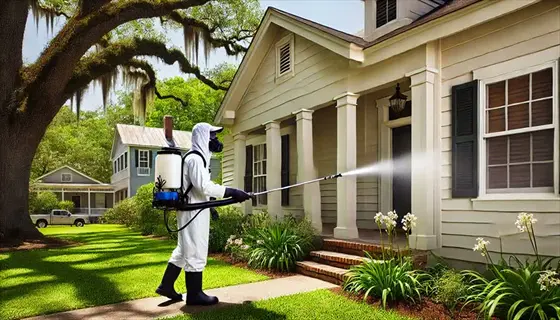 pest control technician applying bacterial insecticide spray to residential exterior for eco-friendly pest management