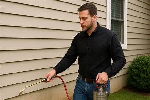 pest inspection professional treating home foundation with sprayer for integrated pest management