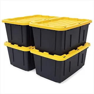 pest-proof storage containers: stacked plastic storage bins with secure yellow snap-on lids for pantry protection