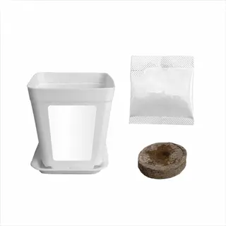 plastic seed container pot with blank label, sealed packet, and compressed seed pellet for gardening