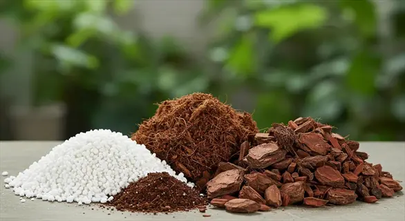 potting soil mix preparation with key ingredients: perlite, coco coir, organic compost, and bark chips arranged for blending