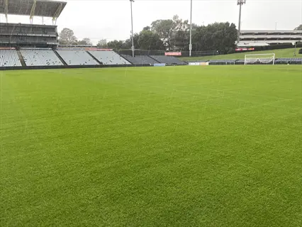 rain-soaked ryegrass sports field with empty grandstands and soccer goal during light rainfall