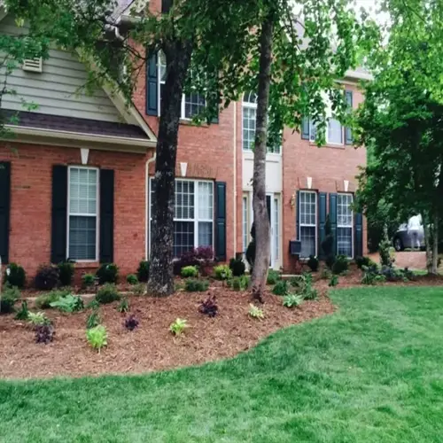 residential brick house with pine straw mulch landscape, green lawn, and ornamental plants