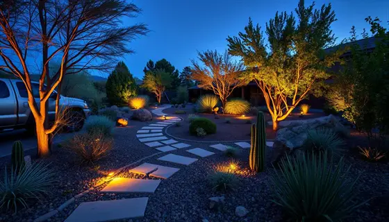 residential garden pathway at dusk illuminated by smart garden lights: uplights on trees, path markers, and plant accents creating warm ambiance