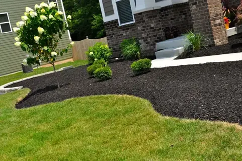 residential landscape featuring wood chip mulch garden beds, green lawn, flowering shrubs, and stone edging