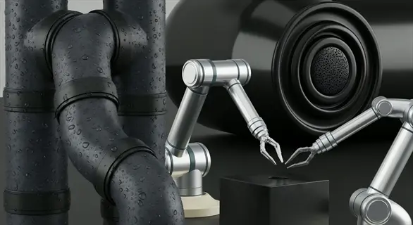 robotic arms interacting with industrial water pipes and equipment in a conceptual ai water management system (automated infrastructure control)