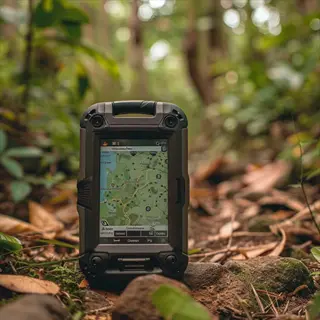 rugged tablet field use: device displaying topographic map in dense forest environment on rocky trail with surrounding foliage