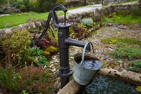 rustic garden featuring a handmade bird bath, vintage hand pump with metal bucket, surrounded by lush greenery and stone walls