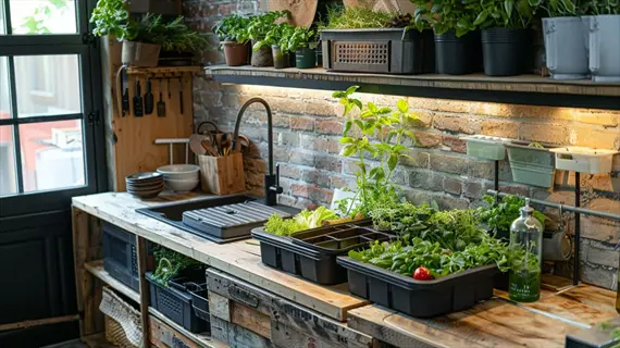 rustic kitchen featuring herb garden under cabinet with potted plants in black containers on wooden countertops and shelves against brick wall
