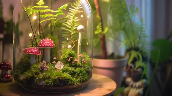 sealed glass terrarium functioning as a natural humidifier for small plants, featuring lush moss, ferns, and decorative mushrooms under soft warm lighting