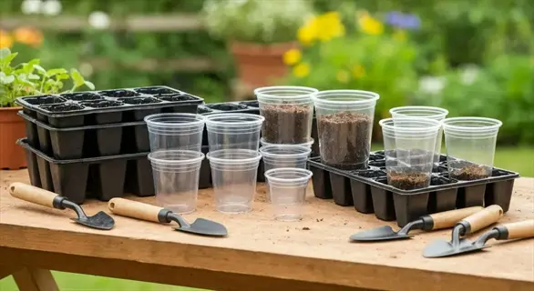 seed starting supplies tray with soil-filled cups and hand trowels arranged on a wooden garden table
