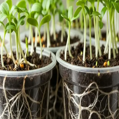 seedlings in transparent pots with visible roots, ready for transplant in a garden
