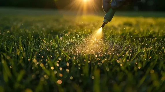 sevin insecticide lawn application: spraying carbaryl solution on dewy green grass with sunlight sparkling in mist