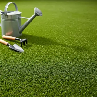 silver watering can, small garden trowel, and rake on dense green turf