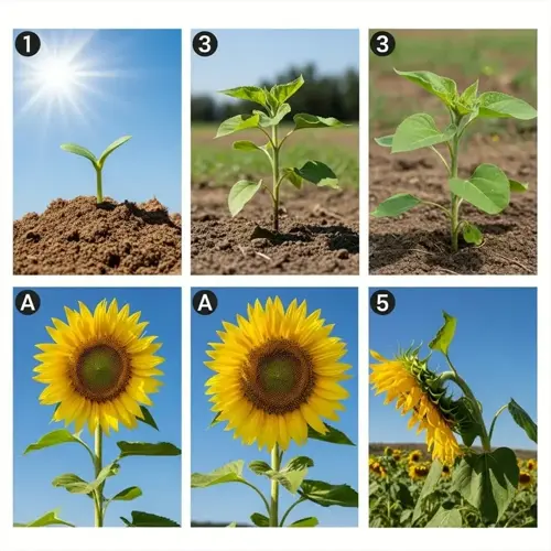 six-panel collage showing sunflower plant growth stages from seedling emergence to full bloom against clear blue skies