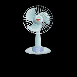 small desktop fan with three light blue blades, circular front grill, and oval base featuring control buttons