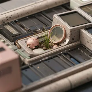small patio composter with miniature plant, pebbles, and repurposed objects on textured surface
