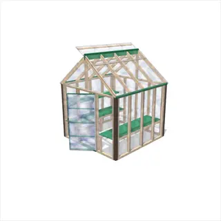 small portable garden cold frame with transparent panels, green-painted wood frame, sloped roof, and internal shelves