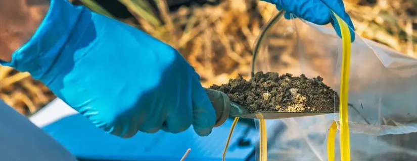 soil sampling technique: gloved hands transfer soil with trowel into sealed bag, ensuring accuracy through proper sampling quality control
