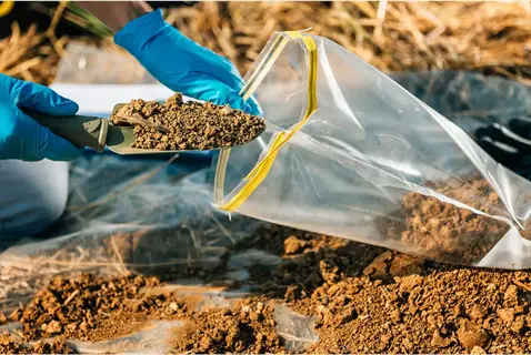 soil test kit for lawn: gloved hands collecting soil sample with trowel into zipper bag