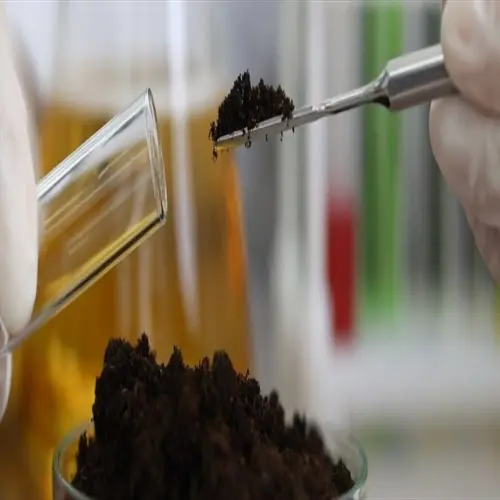 soil testing laboratory sample: gloved hands using a spatula to transfer soil into a test tube