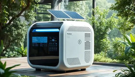 solar-powered atmospheric water generator device with digital touchscreen displaying water metrics, harvesting humidity from air in a lush garden patio setting
