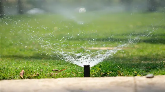 sprinkler watering green lawn with visible water spray in sunny outdoor setting
