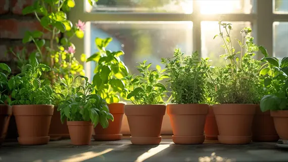 sunlit herb garden windowsill featuring multiple terracotta pots with thriving green herbs against a brick wall backdrop