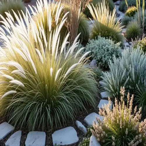 sunlit ornamental grasses garden featuring diverse foliage textures along a stone path