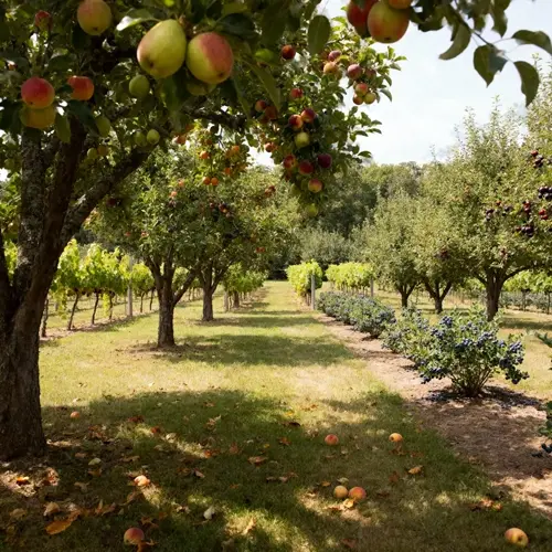 sunny fruit trees orchard garden with apple trees, blueberry bushes, and a grassy path lined with fallen apples