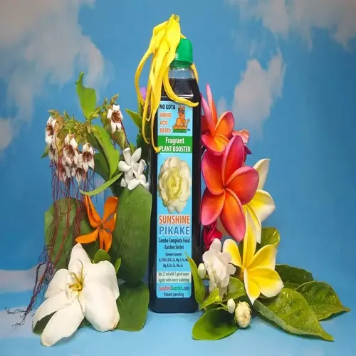 sunshine pikake plant booster fertilizer bottle surrounded by tropical flowers, demonstrating orchid fertilizer application