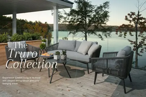 terrace lounge dining outdoor area with modern furniture and lake view