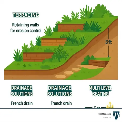 terracing with retaining walls and erosion control plants on a hillside, featuring drainage solutions and multi-level seating
