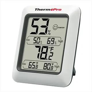 thermopro digital thermometer hygrometer displaying 53% humidity with comfort smiley, 78.2°f temperature, and recorded low/high values for both metrics