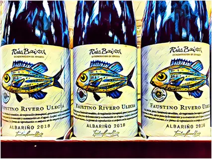 three artistic fish emulsion bottles with vibrant cartoon fish labels and text, dark glass bottles arranged in a row