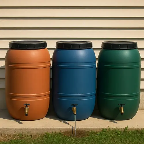 three rain barrels (orange, blue, green) in a garden setup against a house wall