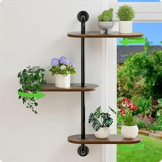 three-tiered wall-mounted herb garden rotating corner stand with green rotation indicators, holding various potted plants near a window