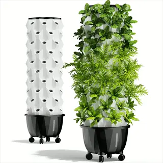 two vertical indoor garden towers on wheeled bases with lush green plants growing, one fully planted and one partially empty, against a white background