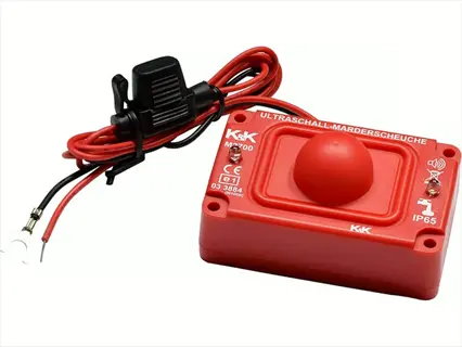 ultrasonic pest repeller device (k&k m700 model) with red housing, wiring, and certification labels for pest control