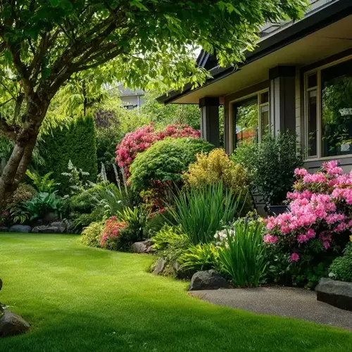 vibrant perennial garden planting with pink rhododendrons, lush greenery, stone edging, and manicured lawn beside a residential home