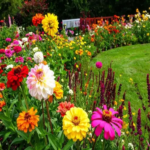 vibrant rain garden flowers in full bloom: colorful zinnias, dahlias, and greenery with lawn and bench background